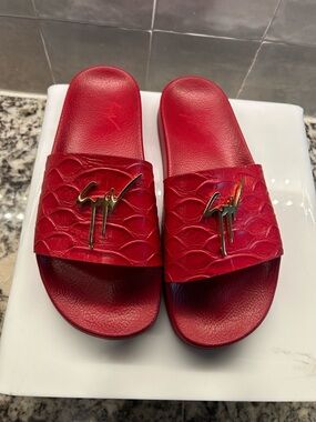 Giuseppe Zanotti Red Leather Slide Sandals with Gold Logo